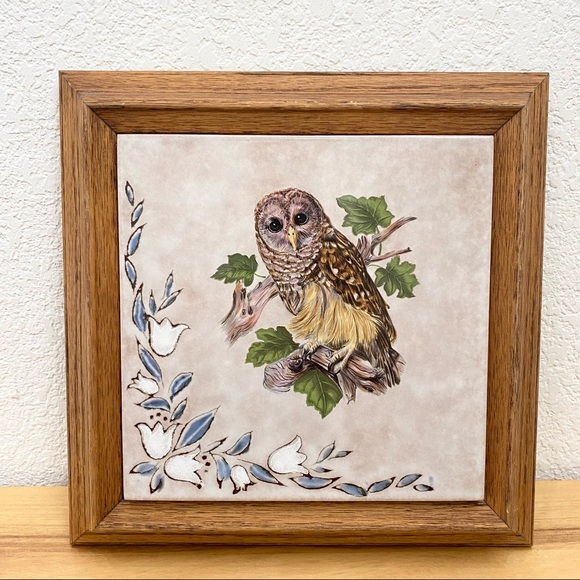 Vintage Owl Decorative Ceramic Tile Framed Art Wall Decor - Picture 1 of 8